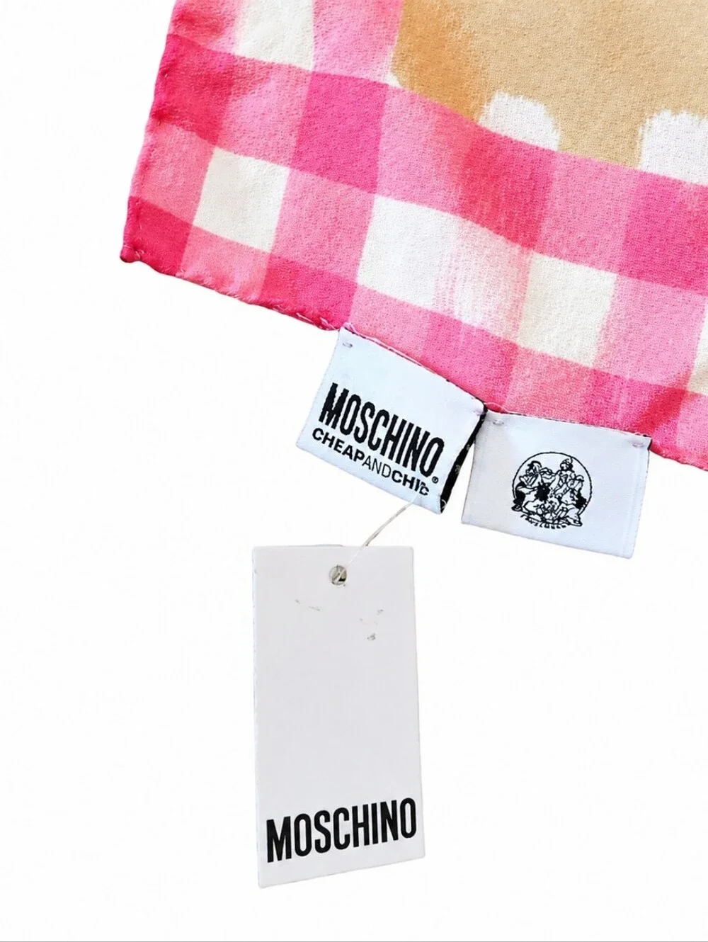 MOSCHINO | Cheap & Chic “Love Is In The Sky” Square Silk Scarf Pink Yellow 25”